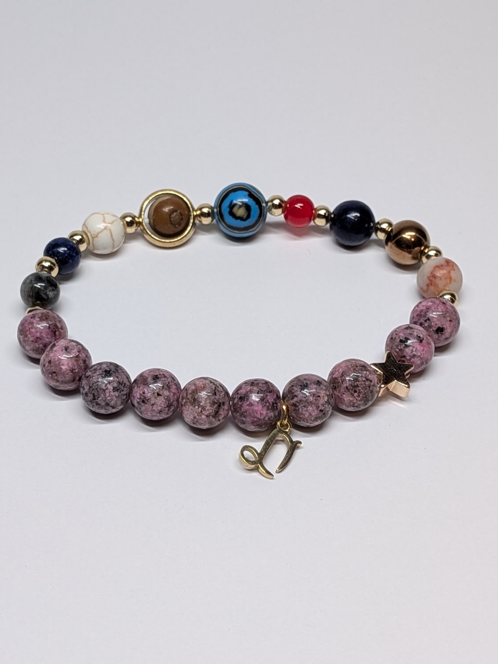 Zodiac Horoscope Capricorn Pink Rhodonite Beaded Bracelet with Gold Accents
